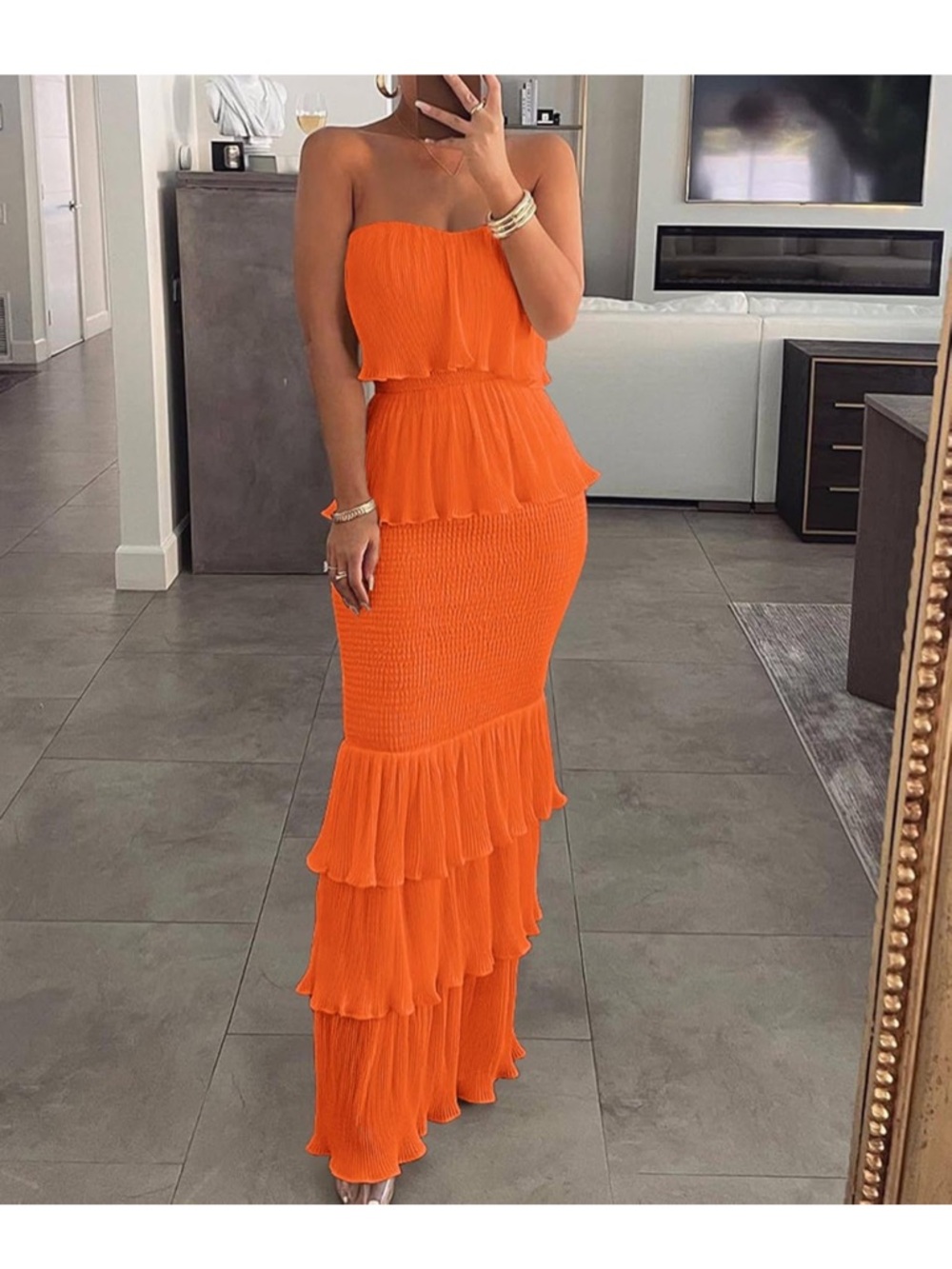 Strapless Ruffle Tiered Maxi Dress in Vibrant Orange